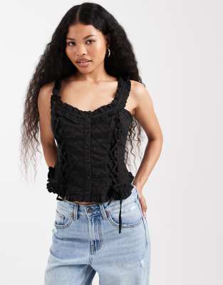 Miss Selfridge Petite - Top style corset en coton brodé - Noir