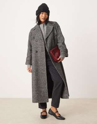 Miss Selfridge Petite - Trenchcoat mit Fischgrätmuster in Schwarz-Weiß und Gürtel-Bunt