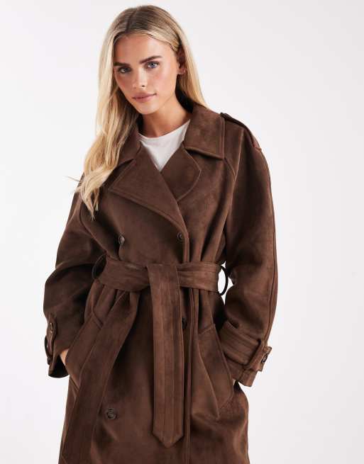 Miss Selfridge Petite - Trenchcoat van suedette in chocoladebruin, 2 van 4