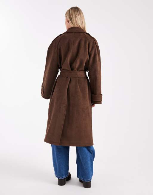 Miss Selfridge Petite - Trenchcoat van suedette in chocoladebruin, 3 van 4