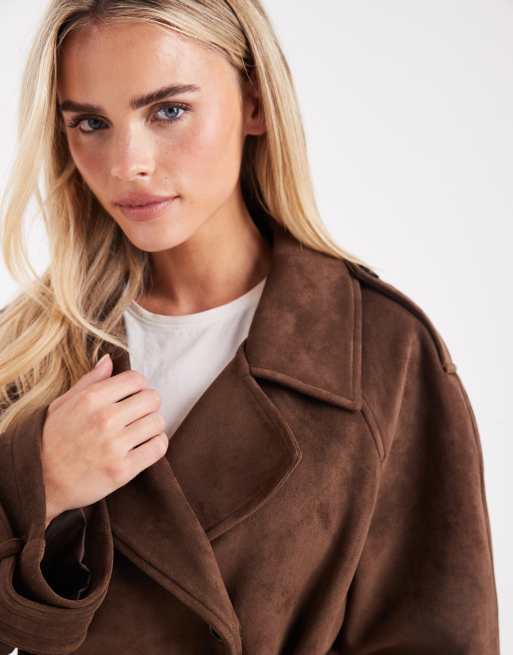 Miss Selfridge Petite - Trenchcoat van suedette in chocoladebruin, 4 van 4