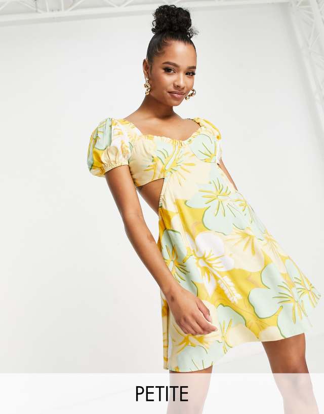 Miss Selfridge Petite underwire tie back tea dress in yellow hibiscus print