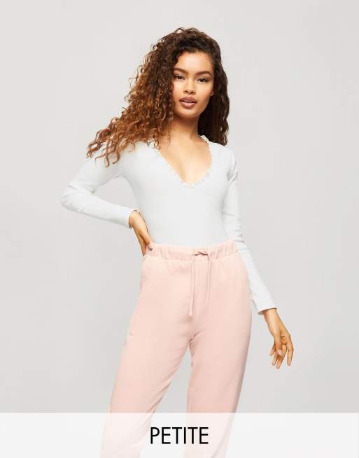 Miss Selfridge Petite v-neck lettuce trim bodysuit in white