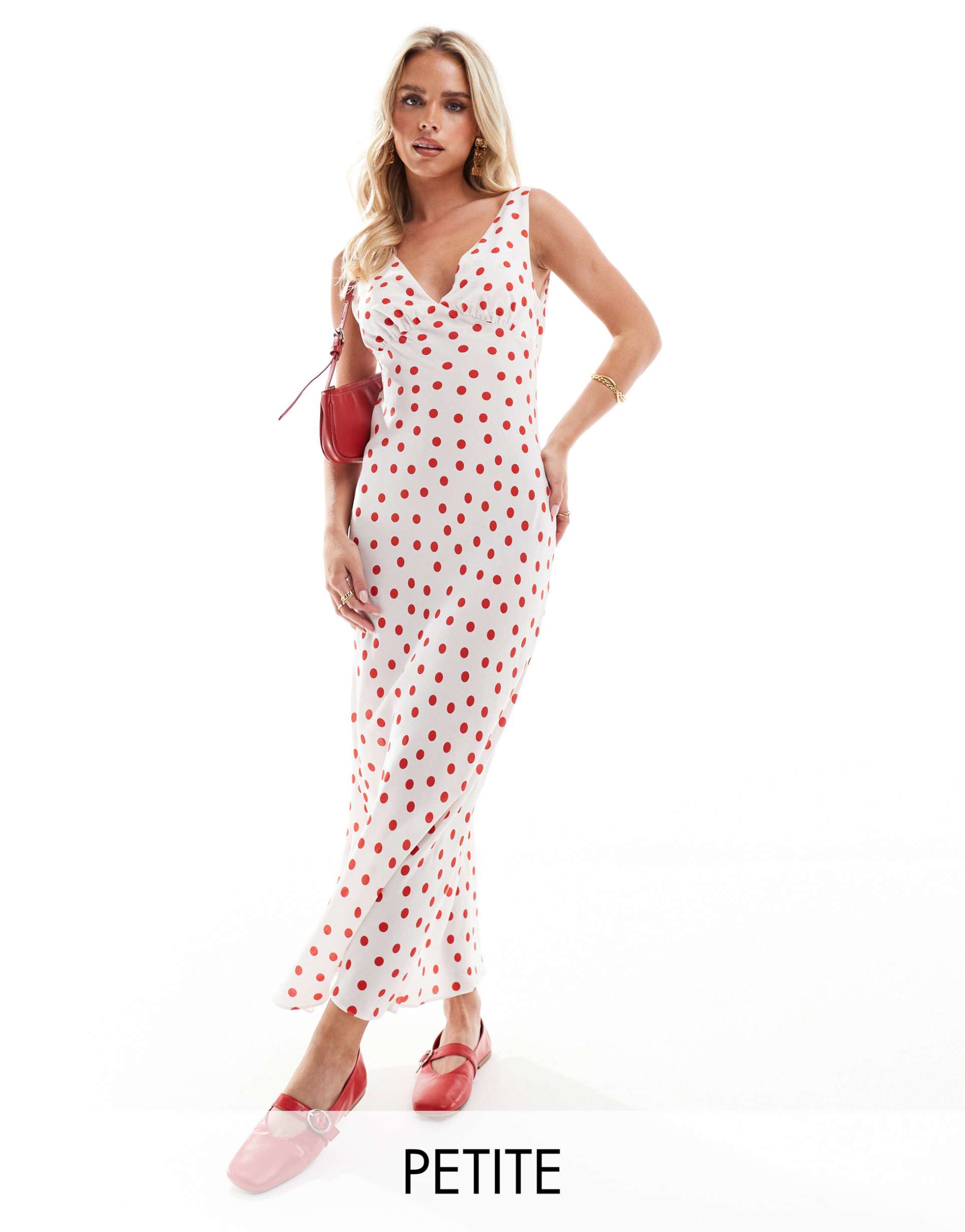 miss selfridge petite v neck wide strap maxi slip dress in red polka dot