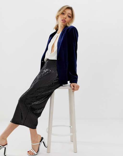 Miss Selfridge Petite velvet blazer in navy