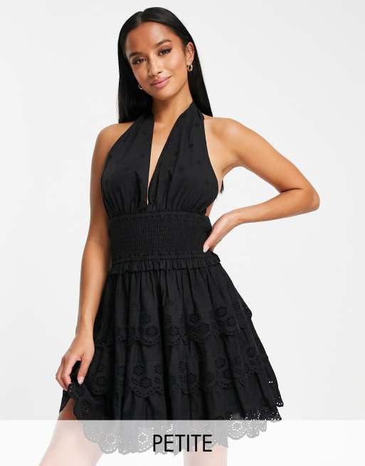 Miss Selfridge Petite - Vestito corto nero avvolgente allacciato al collo in pizzo 