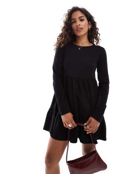 Miss Selfridge Petite - Vestito corto stile grembiule a maniche lunghe nero slavato - view 1