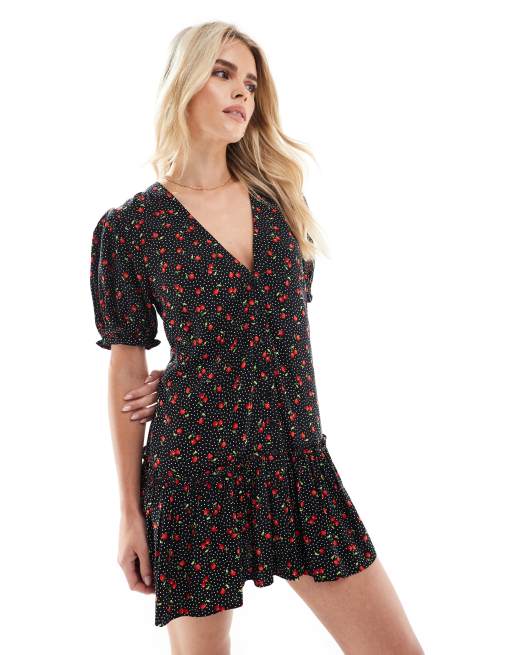 Miss Selfridge Petite - Vestito grembiule nero con stampa di ciliegie, 2 di 4