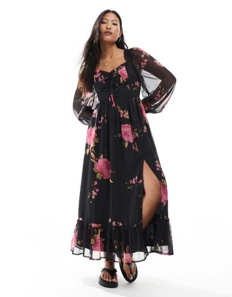 Miss Selfridge Petite - Vestito lungo a corsetto a maniche lunghe con stampa di rose - view 1