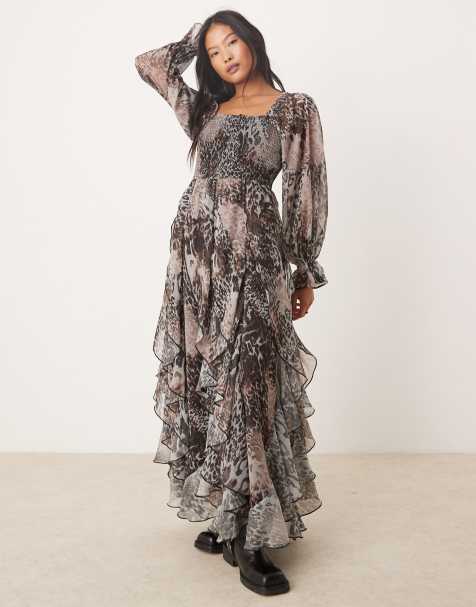 Miss Selfridge Petite - Vestito lungo con stampa animalier e fondo con volant - view 1