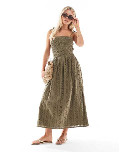 Miss Selfridge Petite - Vestito lungo in pizzo color kaki con spalline sottili - view 1