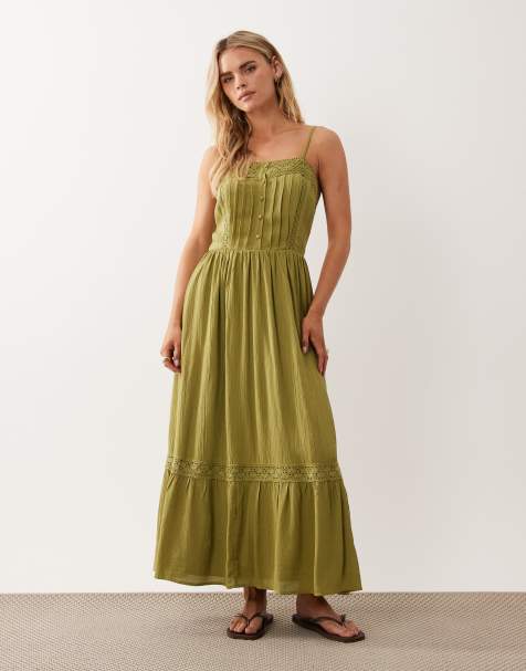 Miss Selfridge Petite - Vestito lungo verde oliva con inserti in pizzo - view 1