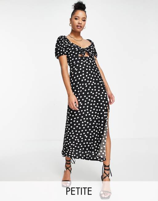 Miss Selfridge Petite - Vestito midi con nodo sul davanti nero e bianco a pois 
