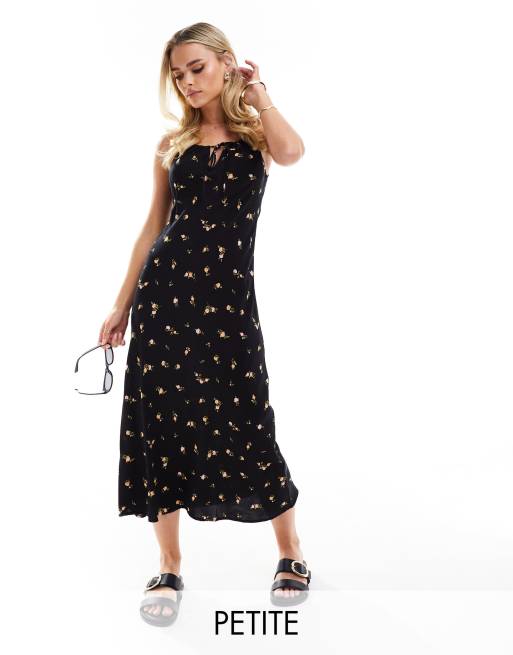 Miss Selfridge Petite - Vestito sottoveste lungo taglio sbieco nero a fiori allacciato sul davanti