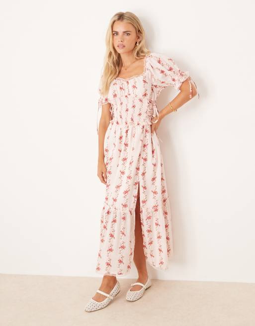 Miss Selfridge Petite – Vintageblommig maxiklänning i milkmaid-modell med korsettdetalj