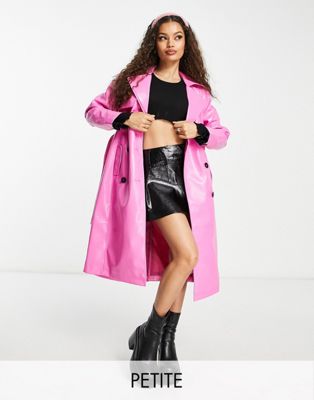 Miss Selfridge Petite vinyl faux leather belted trench coat in bright pink  - ASOS Price Checker