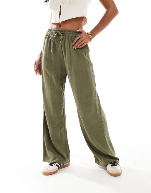 Miss Selfridge Petite – Wciągane spodnie z szerokimi nogawkami z mieszanki lnu w kolorze khaki