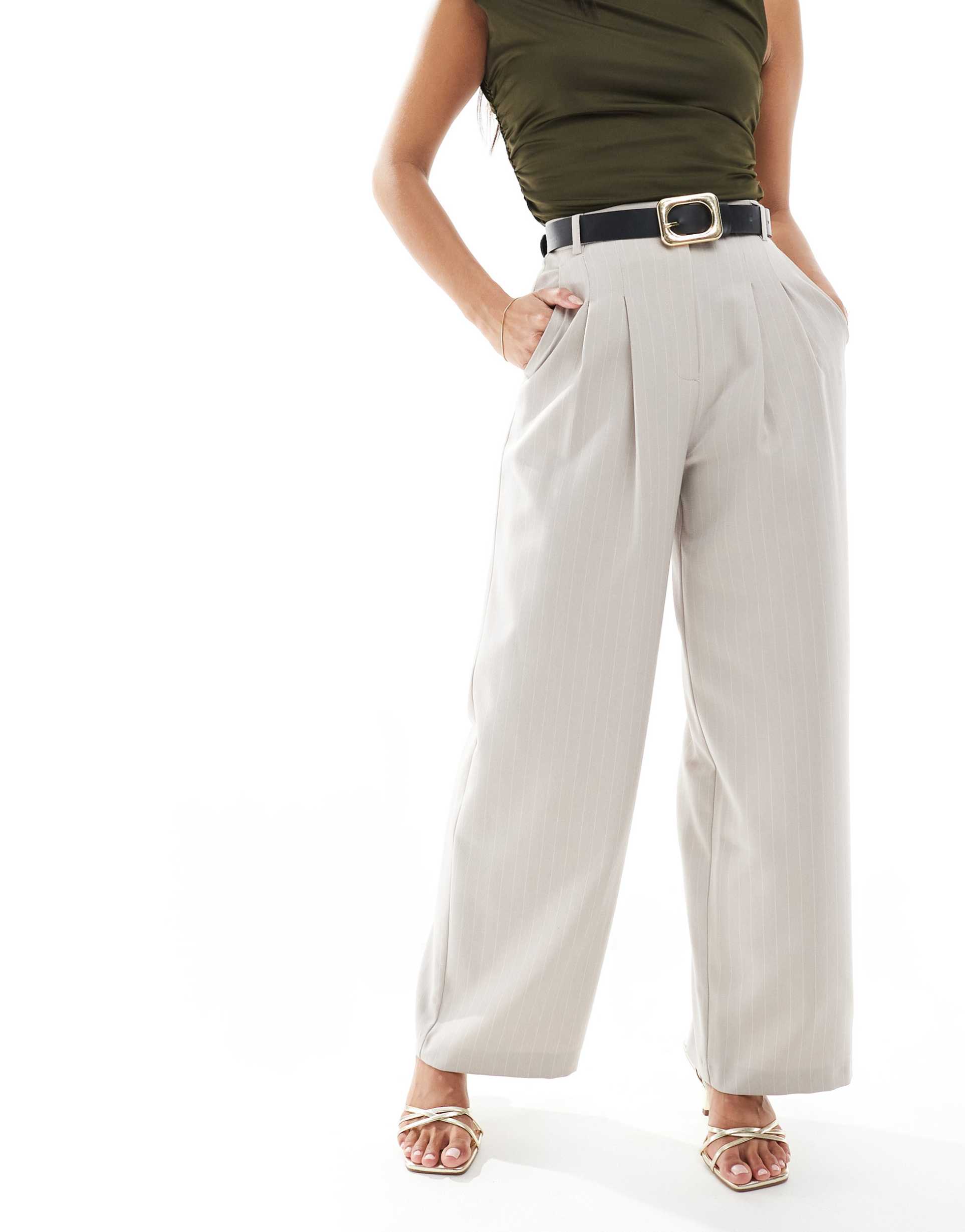miss selfridge petite wide leg tailored pants in beige pinstripe