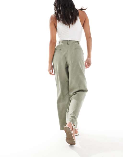 Miss Selfridge Petite wide leg tailored pants in khaki pinstripe, 3 of 5