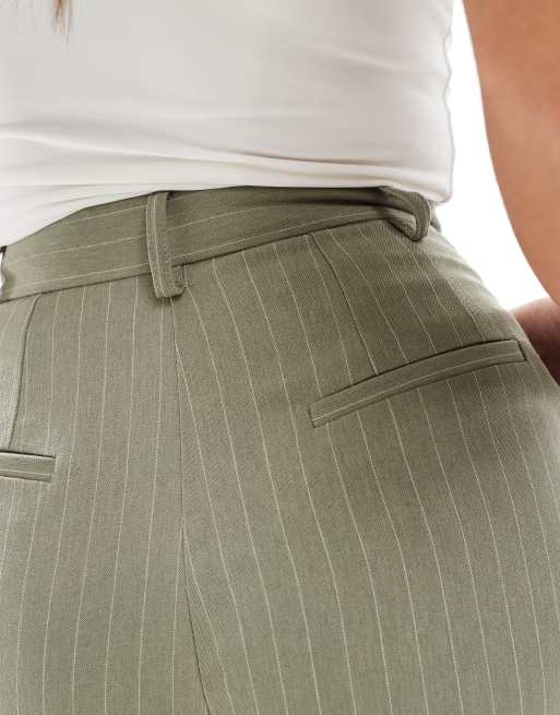 Miss Selfridge Petite wide leg tailored pants in khaki pinstripe, 4 of 5