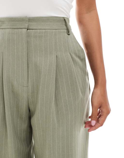 Miss Selfridge Petite wide leg tailored trouser in khaki pinstripe, 5 of 5