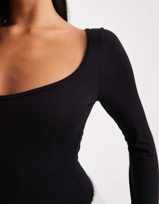 Miss Selfridge Petite Wide Scoop Bodysuit In Black