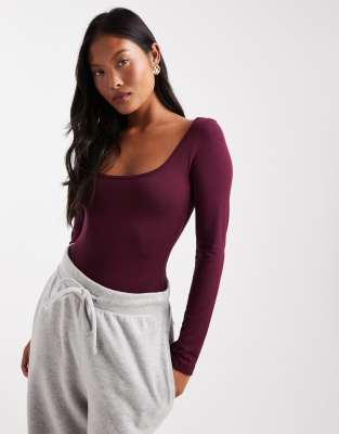 Miss Selfridge Petite Miss Selfridge Petite wide scoop bodysuit in plum-Purple