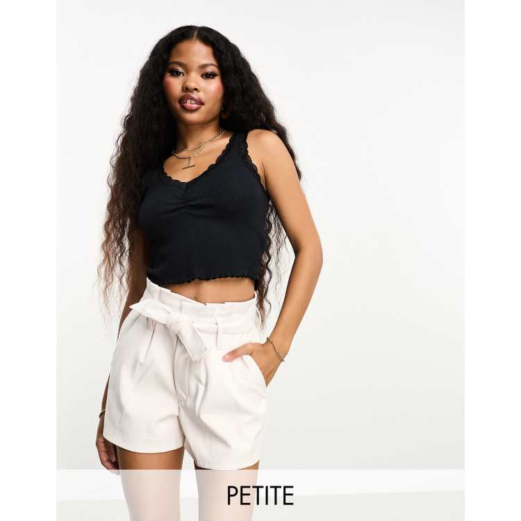 Miss Selfridge Petite Wntry faux leather belted shorts in ivory ASOS