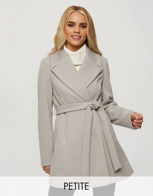 Miss Selfridge Petite wrap coat in grey