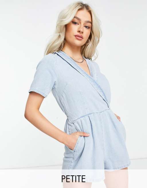 Miss Selfridge Petite wrap playsuit in blue ASOS