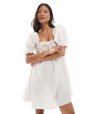 Miss Selfridge Petite yarn dyed striped smock dress in beige stripe - view 1