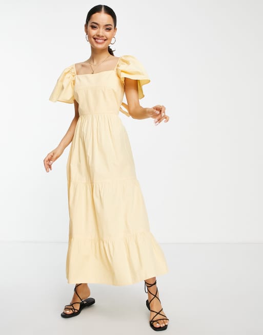 Miss Selfridge Petite – Żółtobeżowa sukienka popelinowa maxi z kokardą z tyłu