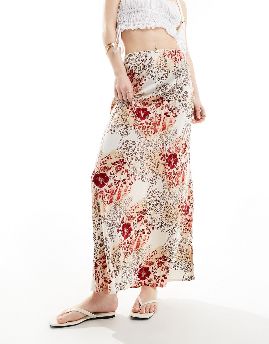 Miss Selfridge picot trim bias maxi skirt in patchwork print-Multi