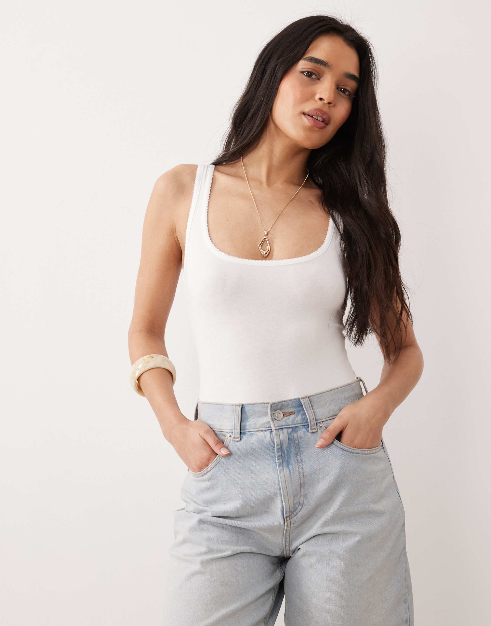 miss selfridge picot trim bodysuit in white