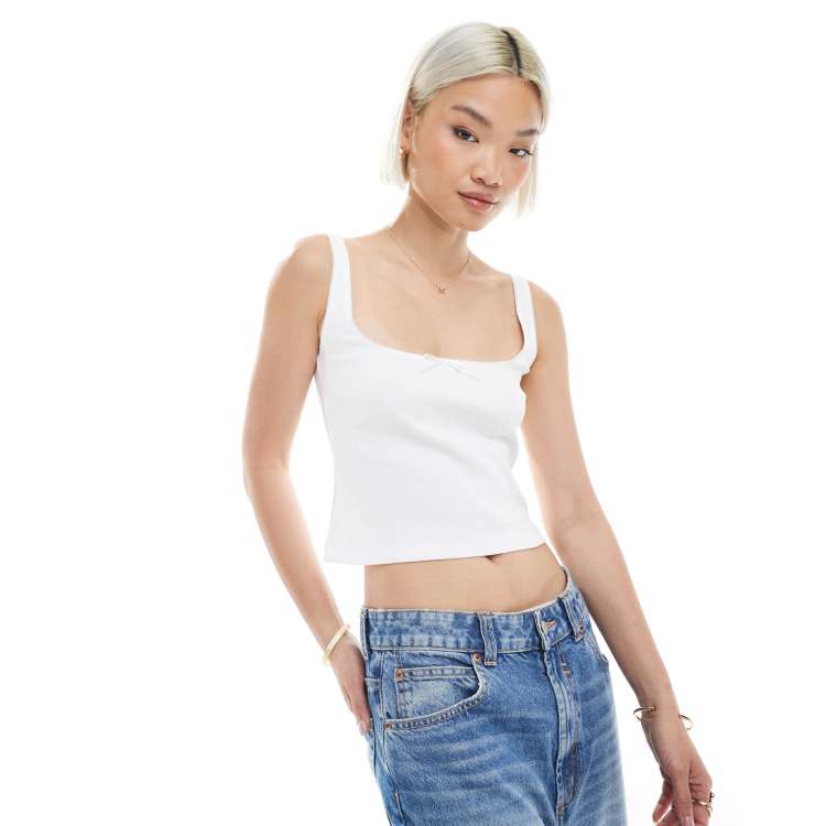 Miss Selfridge picot trim bow tank top in white | ASOS