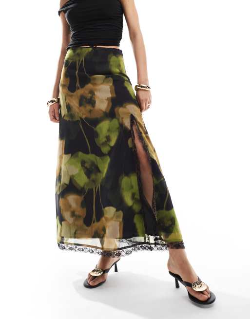 Miss Selfridge picot trim midi skirt in blurred floral print, 4 of 5