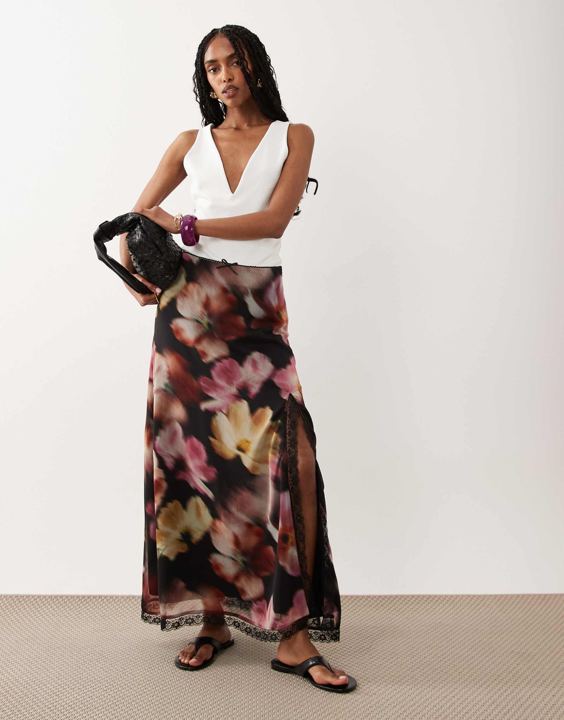 miss selfridge picot trim midi skirt in blurred floral