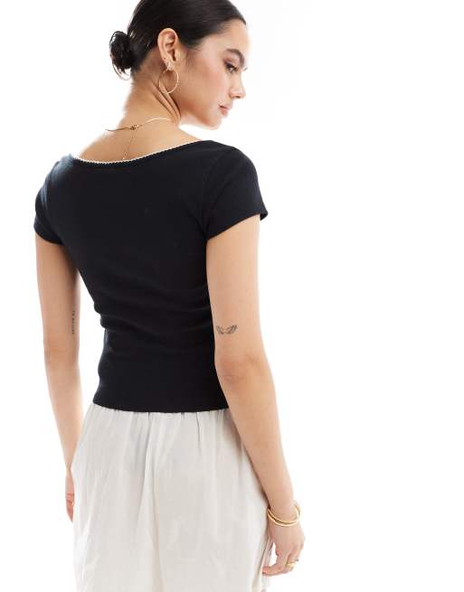 Miss Selfridge picot trim square neck top with contrast tie in black, 3 of 4