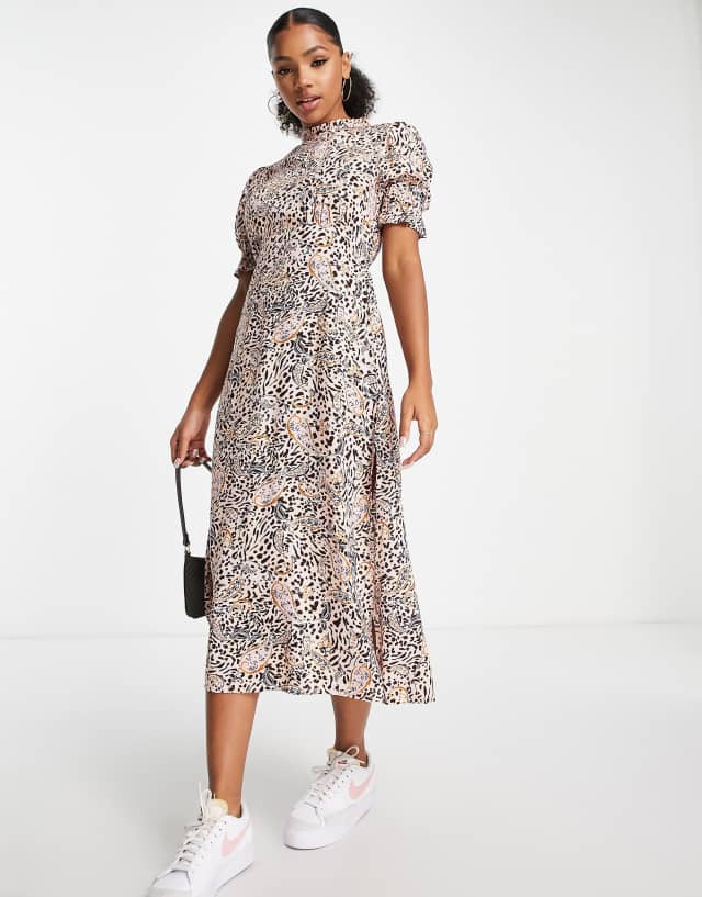 Miss Selfridge piecrust neck midi tea dress in paisley print