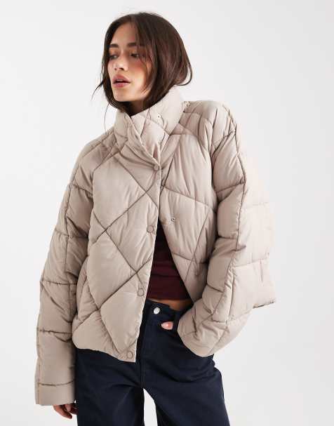Miss Selfridge oversized quilted funnel neck crop puffer jacket in mocha
