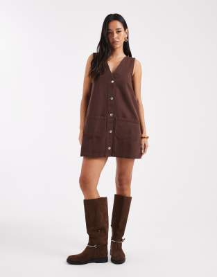 Miss Selfridge Pinafore Denim Dress In Brown