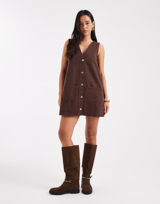 Miss Selfridge pinafore denim dress in chocolate, 2 of 4