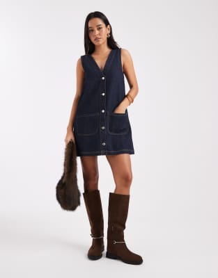 Miss Selfridge Pinafore Denim Dress In Blue