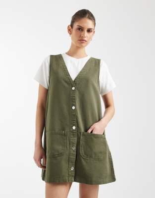 Miss Selfridge Pinafore Denim Dress In Green
