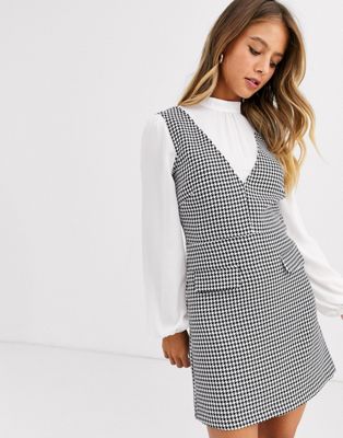 Miss Selfridge pinafore dress with blouse insert in check-Black