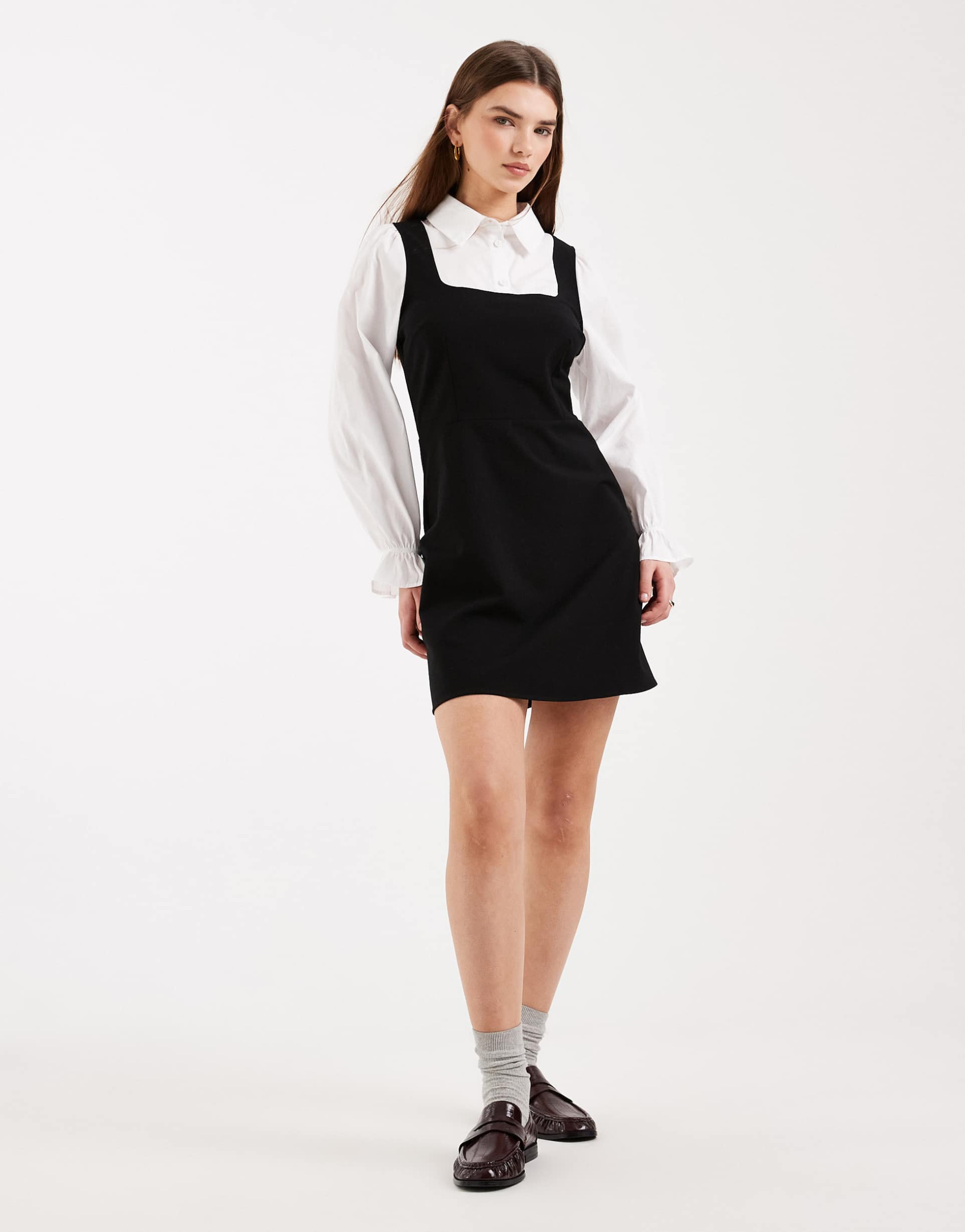 miss selfridge pinafore dress with shirt in mono