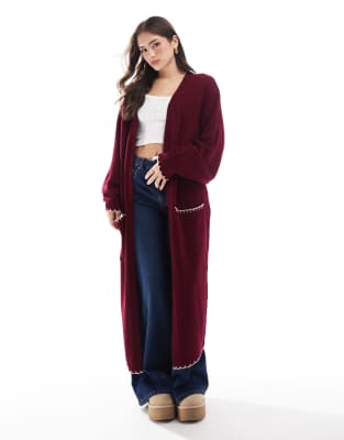 Miss Selfridge Pink And Burgundy Contrast Blanket Stitch Maxi Cardigan-red