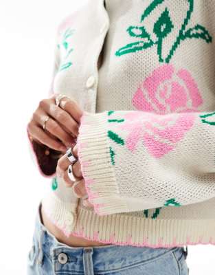 Miss Selfridge Pink Floral Blanket Stitch Knit Cardigan In Multi