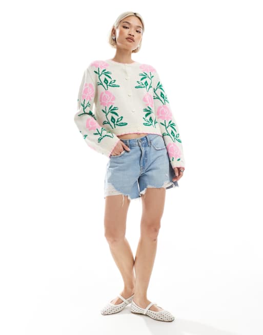 Miss Selfridge pink floral blanket stitch knit cardigan in cream