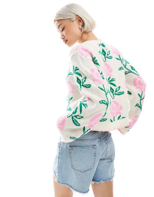 Miss Selfridge pink floral blanket stitch knit cardigan in cream